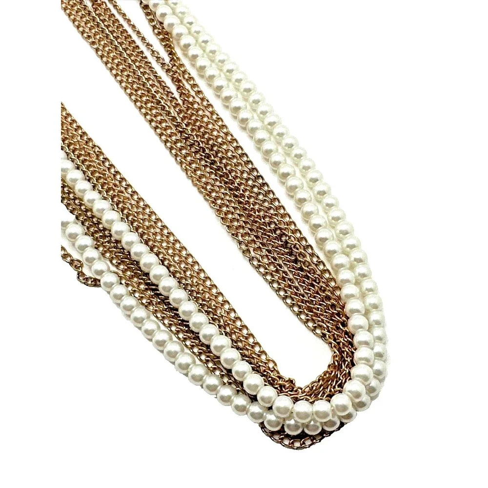 Vintage Multi Strand Statement Necklace Faux Pearl Gold Tone Chains Long 45